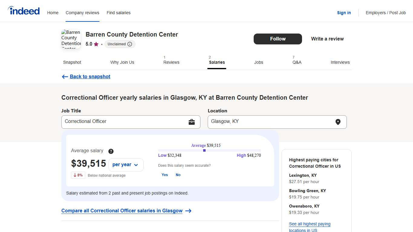 Correctional Officer Salaries in Glasgow, KY for Barren County Detention Center Indeed.com